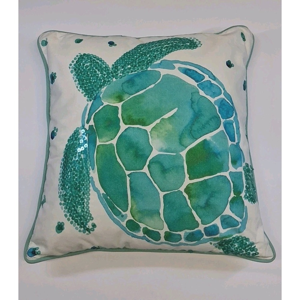 Pottery Barn Sequin Sea Turtle Pillow & Cover 2015 Summer Coastal Beach 16x16